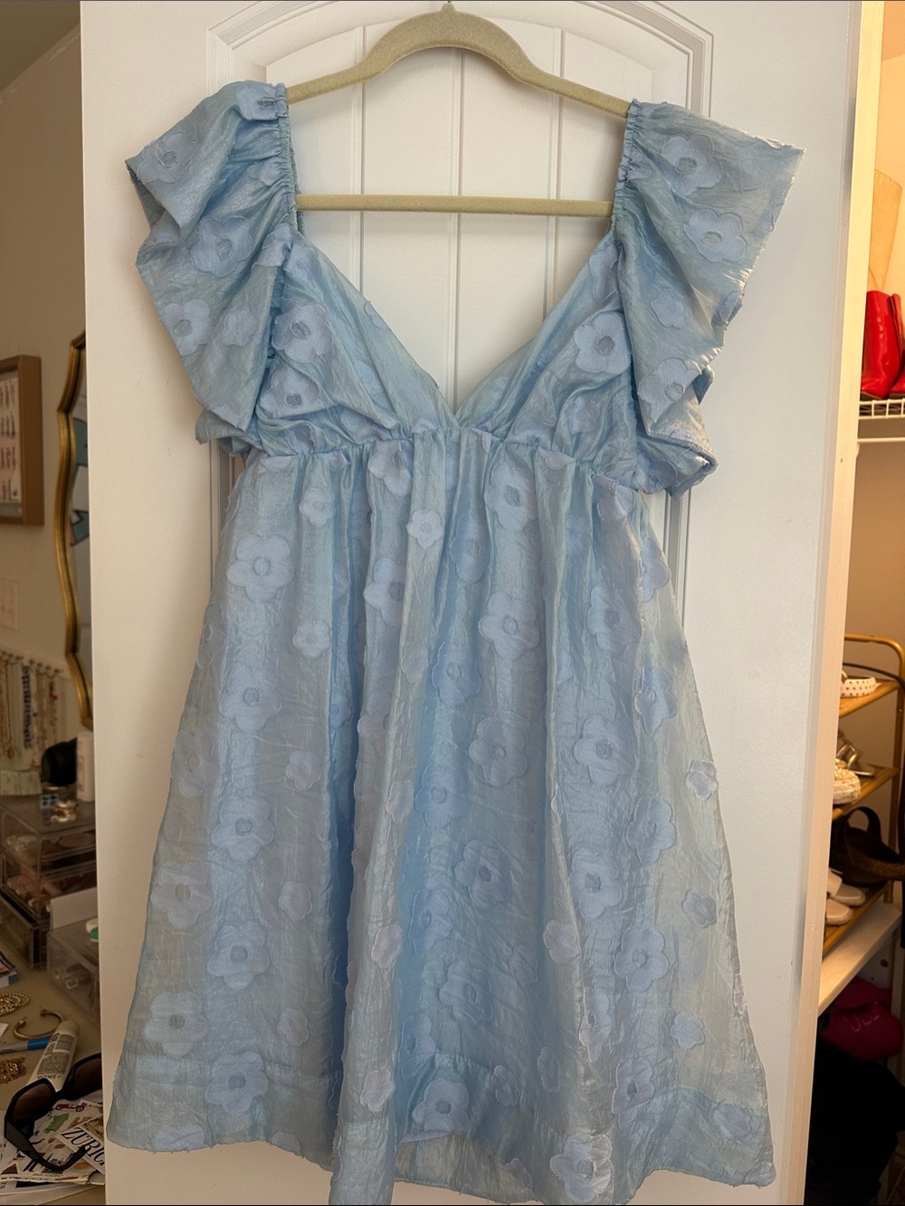 Day + Moon Light Blue Floral Mini Dress with Ruffle Sleeves